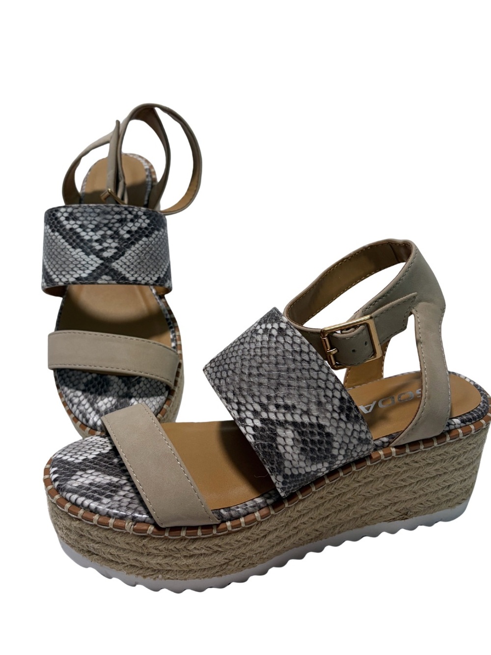 Soda Snake-Print and Beige Espadrille Wedge Sandals
